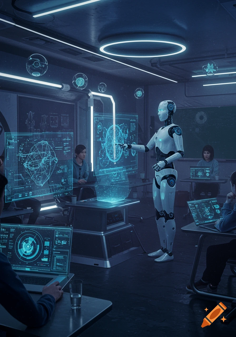 A white robot teaches students using holographic displays in a futuristic, dimly lit classroom, bathed in blue light.