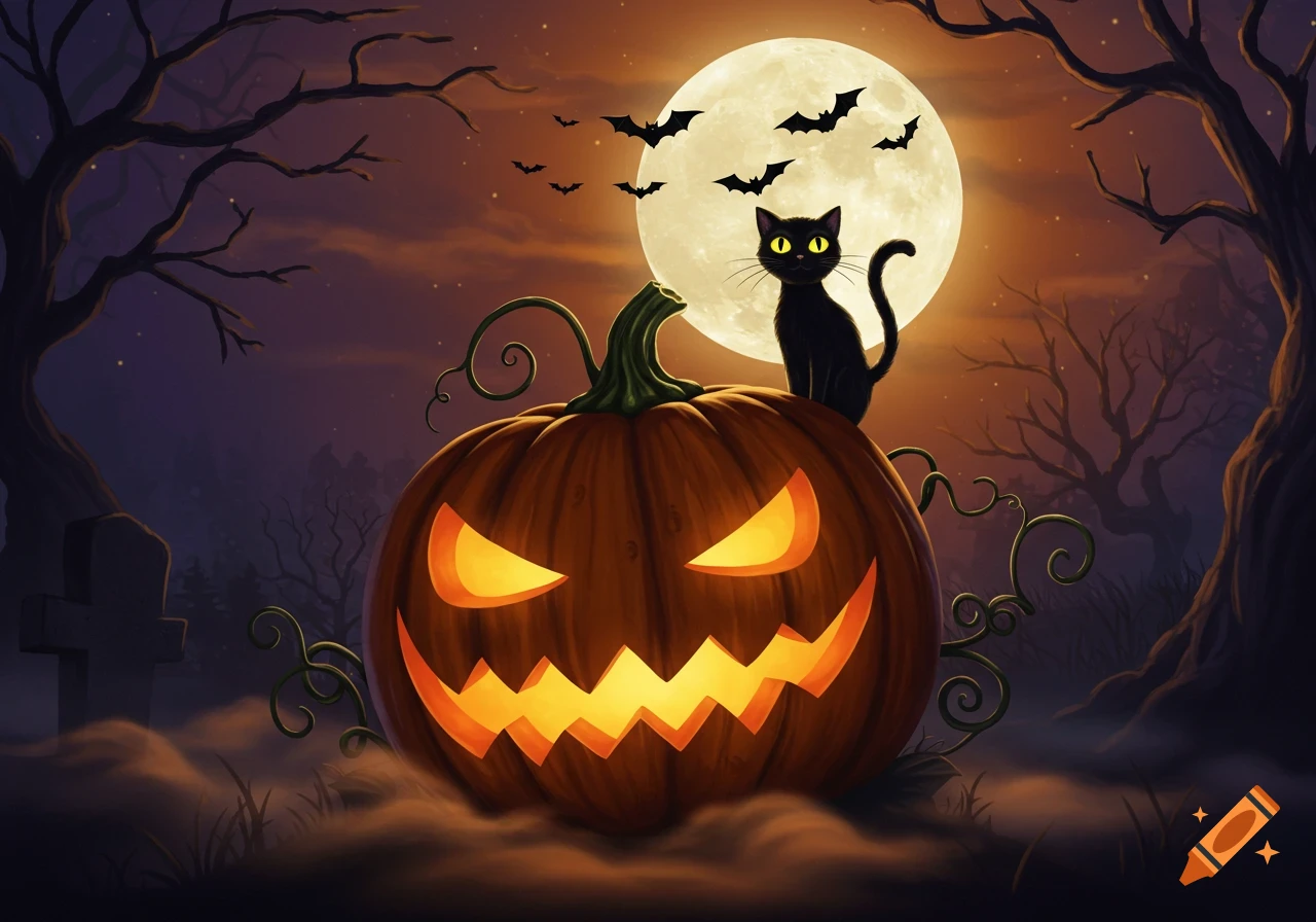 A spooky Halloween illustration featuring a glowing jack-o'-lantern with a black cat on top, bats flying under a full moon in a dark forest.