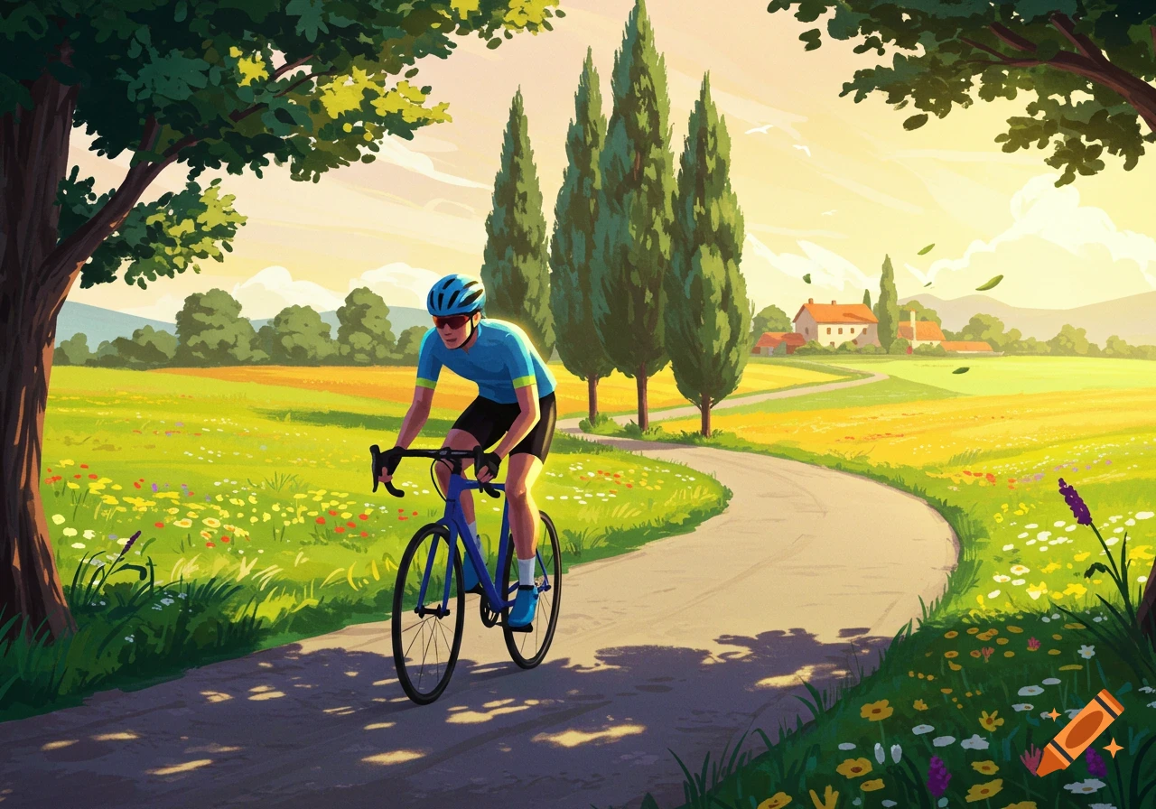 An illustrative image of a cyclist in blue gear riding a blue road bike on a winding path through a sunny, green countryside with fields and cypress trees.