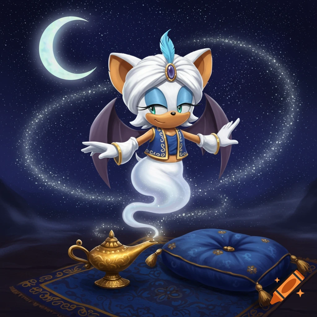 Cartoon Rouge the Bat as a white genie with a turban, floating above a golden lamp and blue cushion under a starry night and crescent moon.