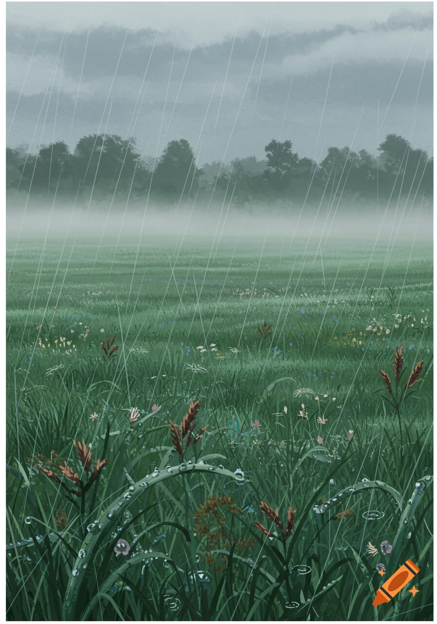 Illustrated rainy field with tall wet grass, small wildflowers, and distant trees under a cloudy sky.