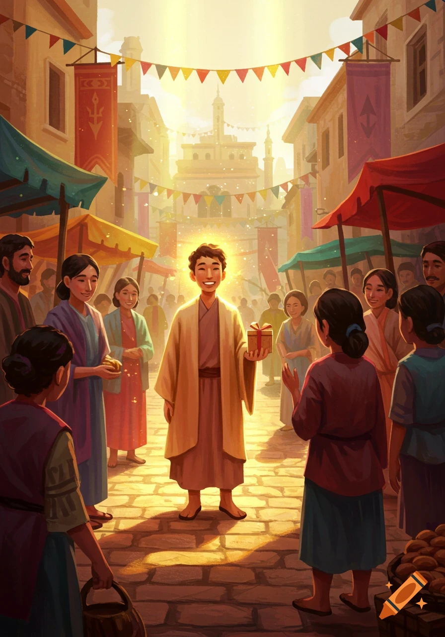 An illustrated scene of a glowing young man offering a gift to smiling people in a bustling, sunny market street decorated with banners.