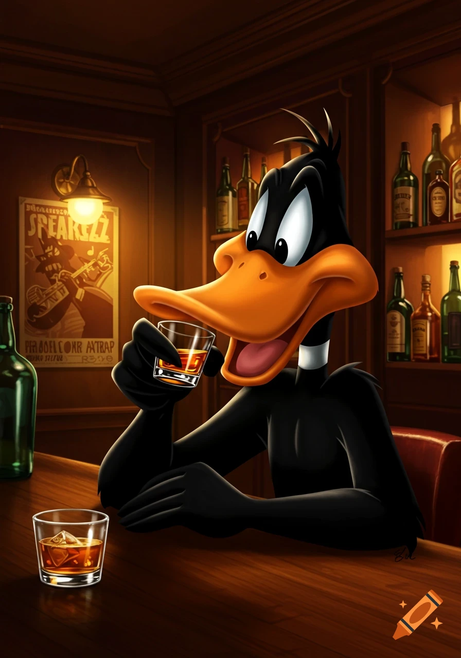 Daffy Duck in a cartoon style, sitting at a wooden bar, holding a glass of whiskey, with bottles on shelves in the background.