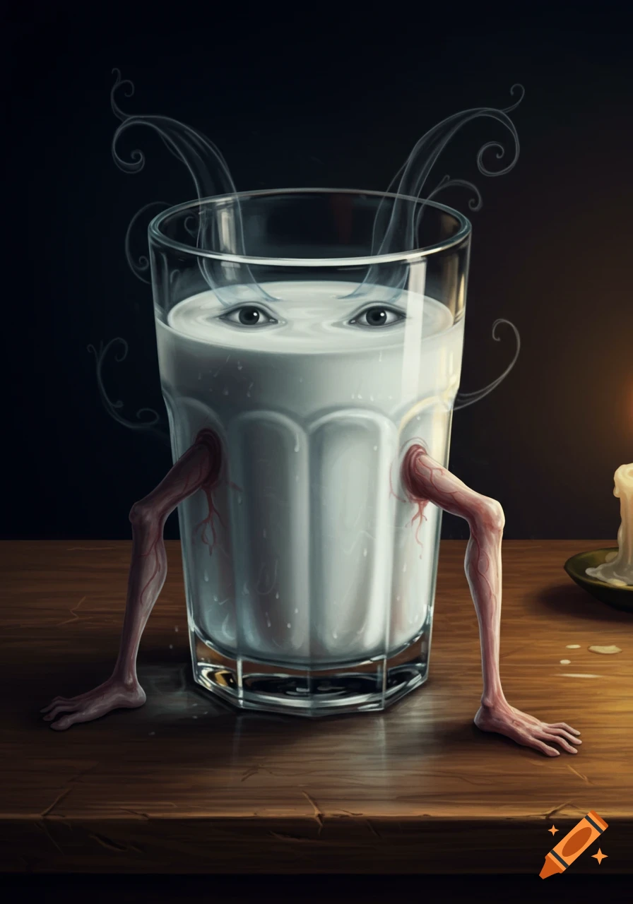 A surreal glass of milk with human eyes and veiny legs and feet stands on a wooden table in a dark room.
