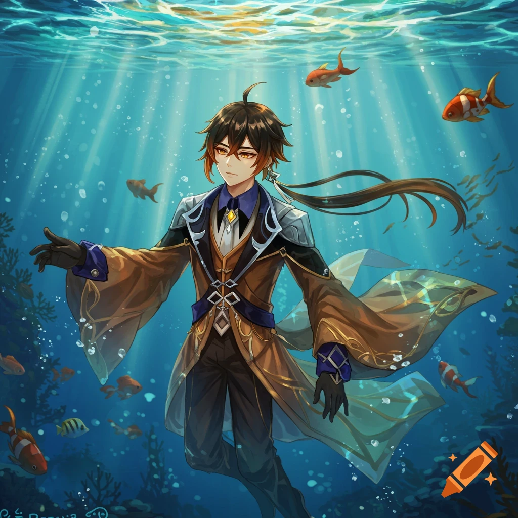 Zhongli from Genshin Impact, an anime man, swims elegantly underwater among fish with sunbeams.