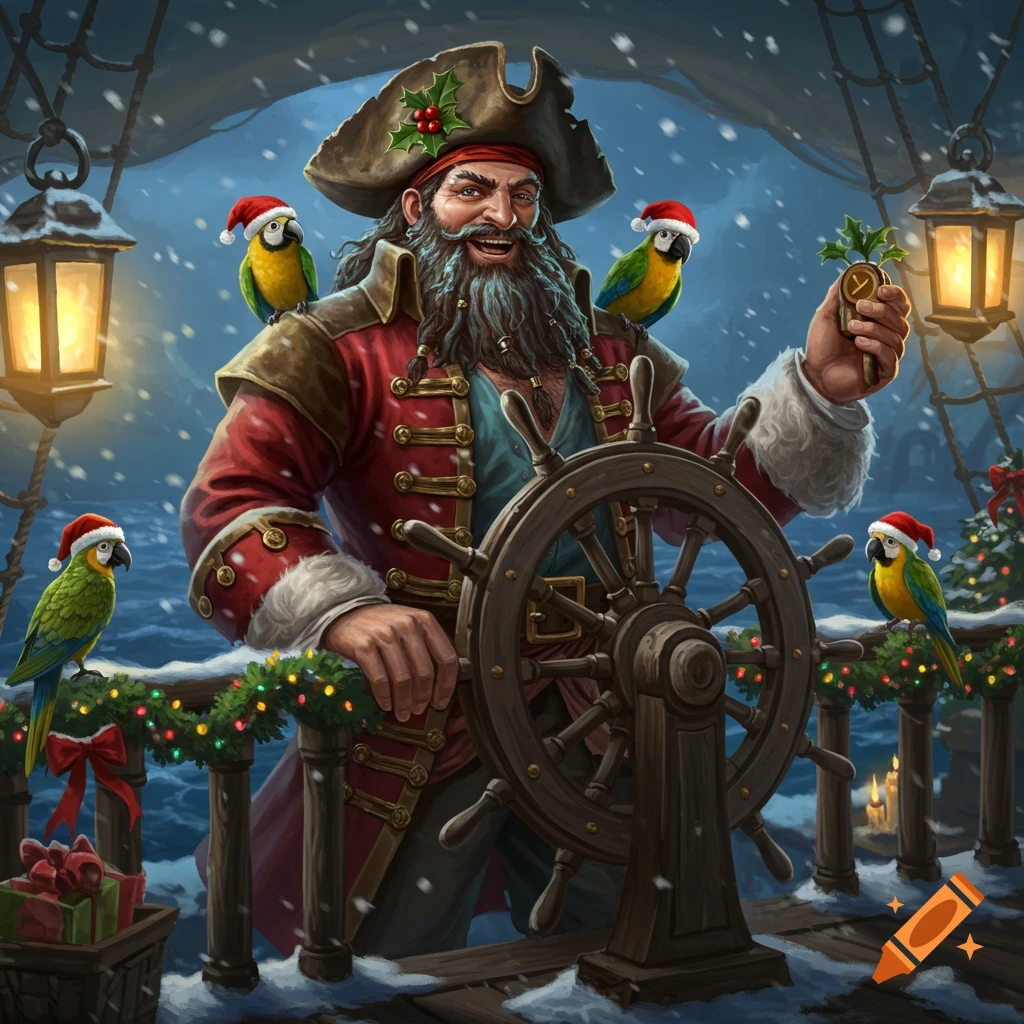 Jolly Santa pirate with a beard and red coat steers a snowy Christmas ship with parrots in Santa hats.
