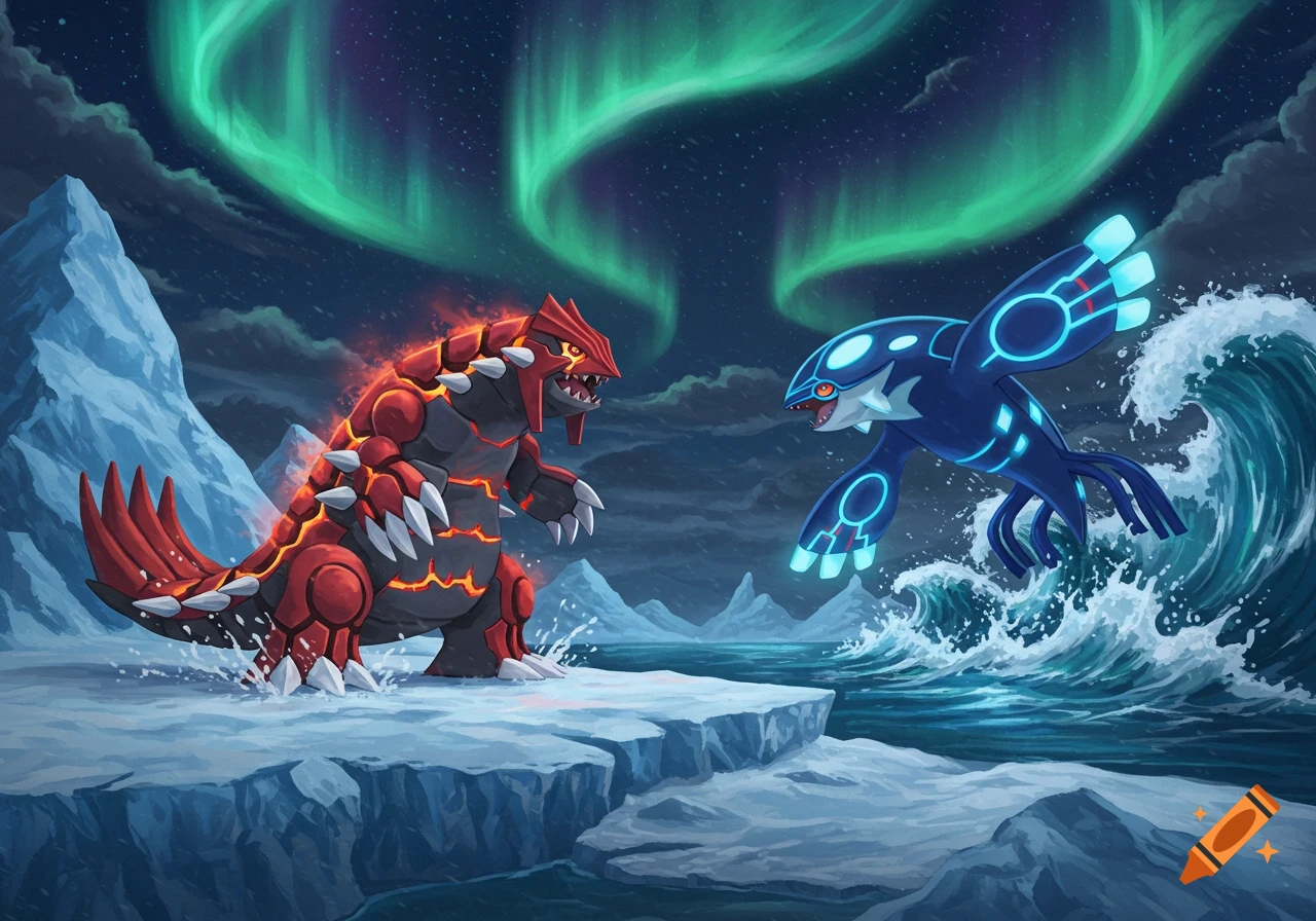 Groudon and Kyogre, two legendary Pokémon, battle on an icy island under a vibrant aurora borealis.