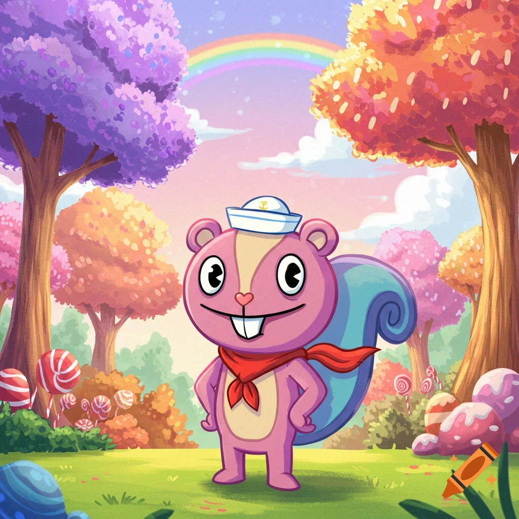 A pink squirrel character wearing a sailor hat and a red scarf stands in a vibrant, whimsical candy-themed forest with a rainbow.
