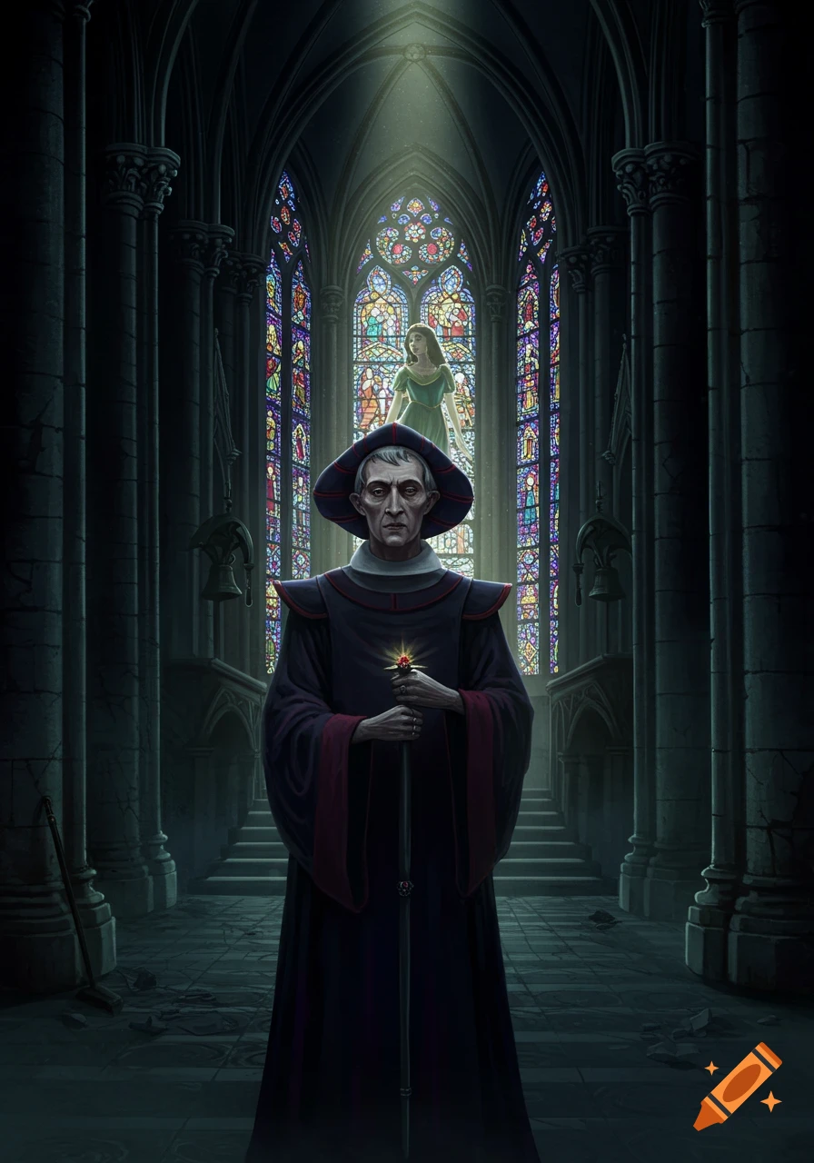 Gothic illustration of Claude Frollo standing ominously in a dark cathedral, holding a staff. Esmeralda is a faint figure in glowing stained glass windows behind him.