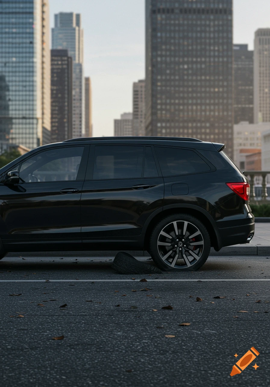 A black SUV parked on a city street with a detached, busted tire lying next to its rear wheel. Tall buildings are in the blurred background.