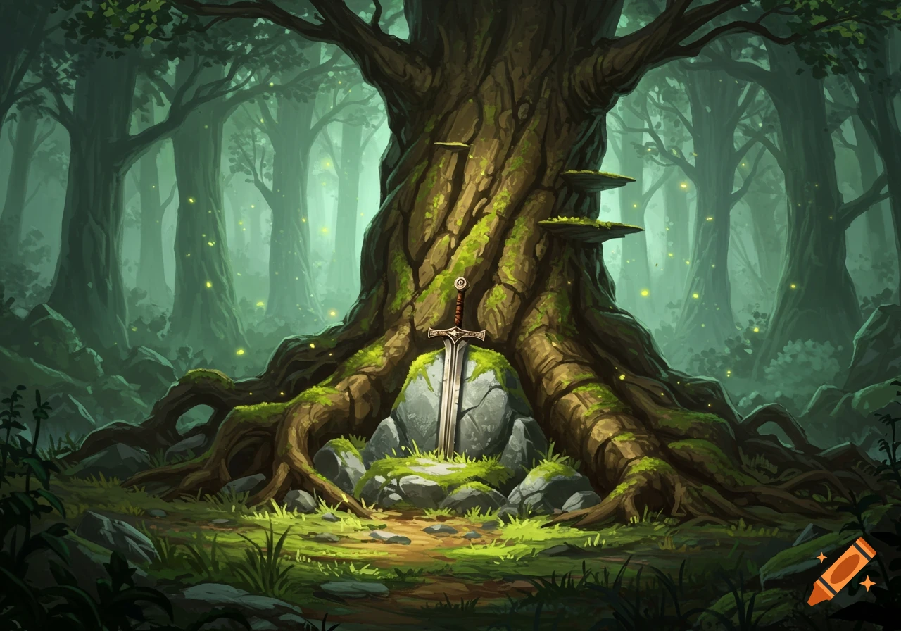 A mystical sword planted in a rock at the base of a large, mossy tree in a lush fantasy forest with glowing lights.