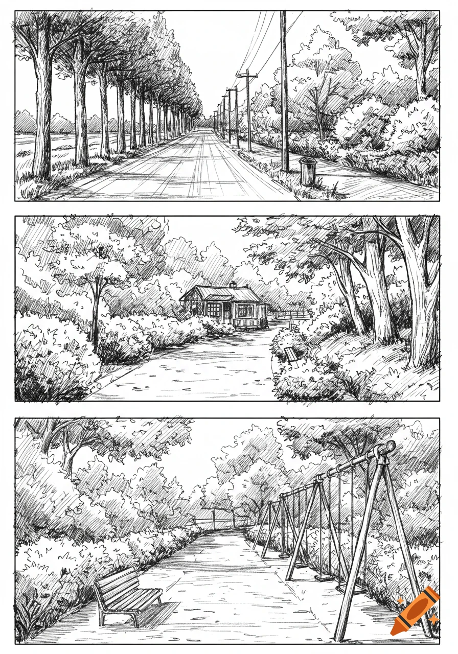 Three black and white sketches: a tree-lined road, a path leading to a small house in a park, and a park path with swings and a bench.