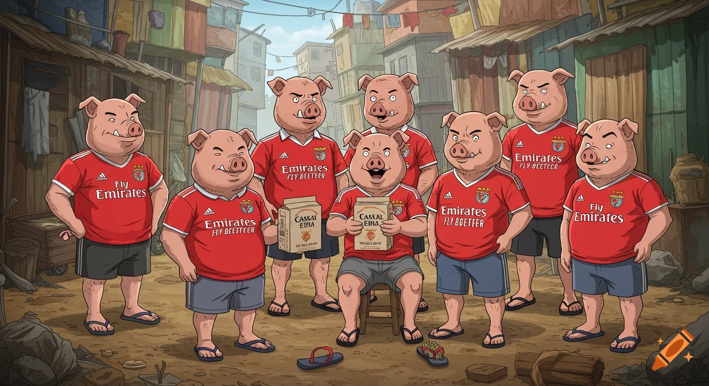 Cartoon of anthropomorphic pigs wearing red Benfica soccer jerseys and shorts, in a favela, some holding wine boxes.