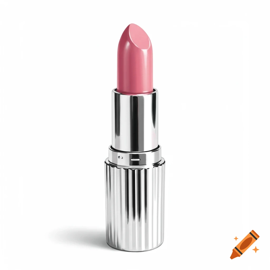 A shiny pink lipstick in a silver metallic tube stands upright on a white background.