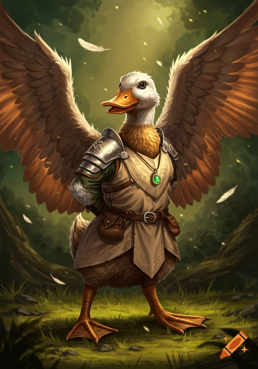 A DND duck warrior in light armor with large unfurled wings stands in a vibrant forest, digital painting.