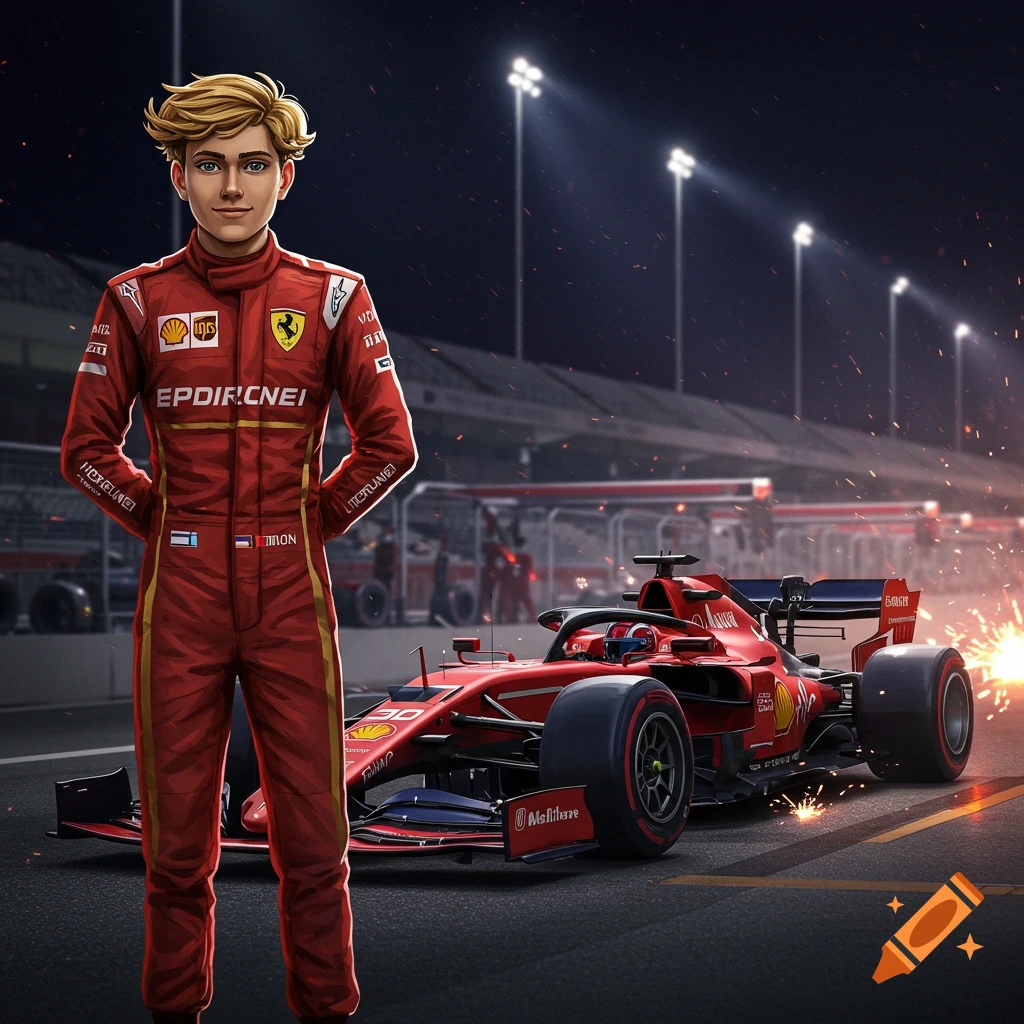 An illustration of a young man with blond hair in a red Ferrari racing suit standing next to a red Formula 1 car on a lit racetrack at night.