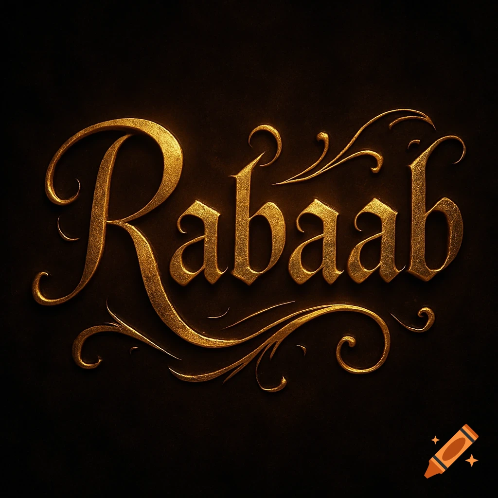 Decorative golden text spelling 'Rabaab' with ornate flourishes on a dark background.