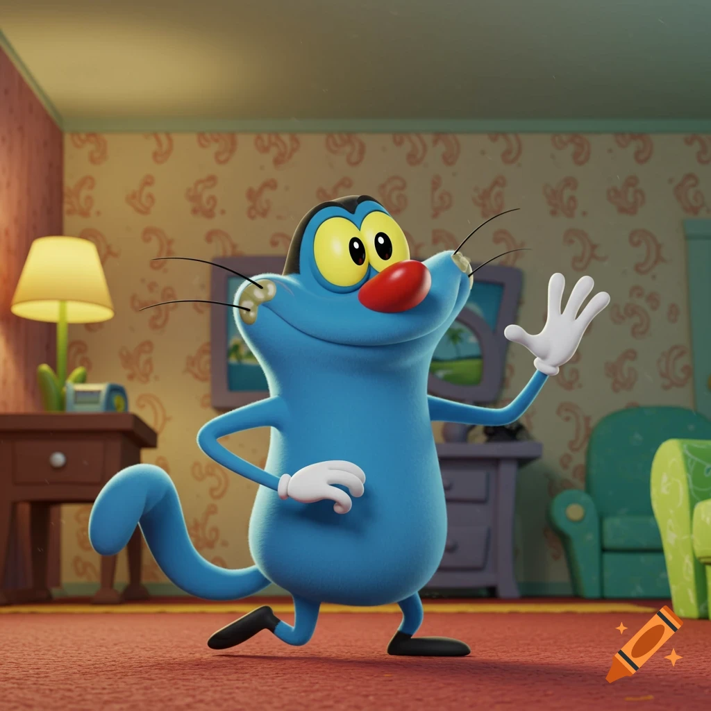 A blue cartoon cat, Oggy, waves while walking in a brightly lit 3D animated living room.