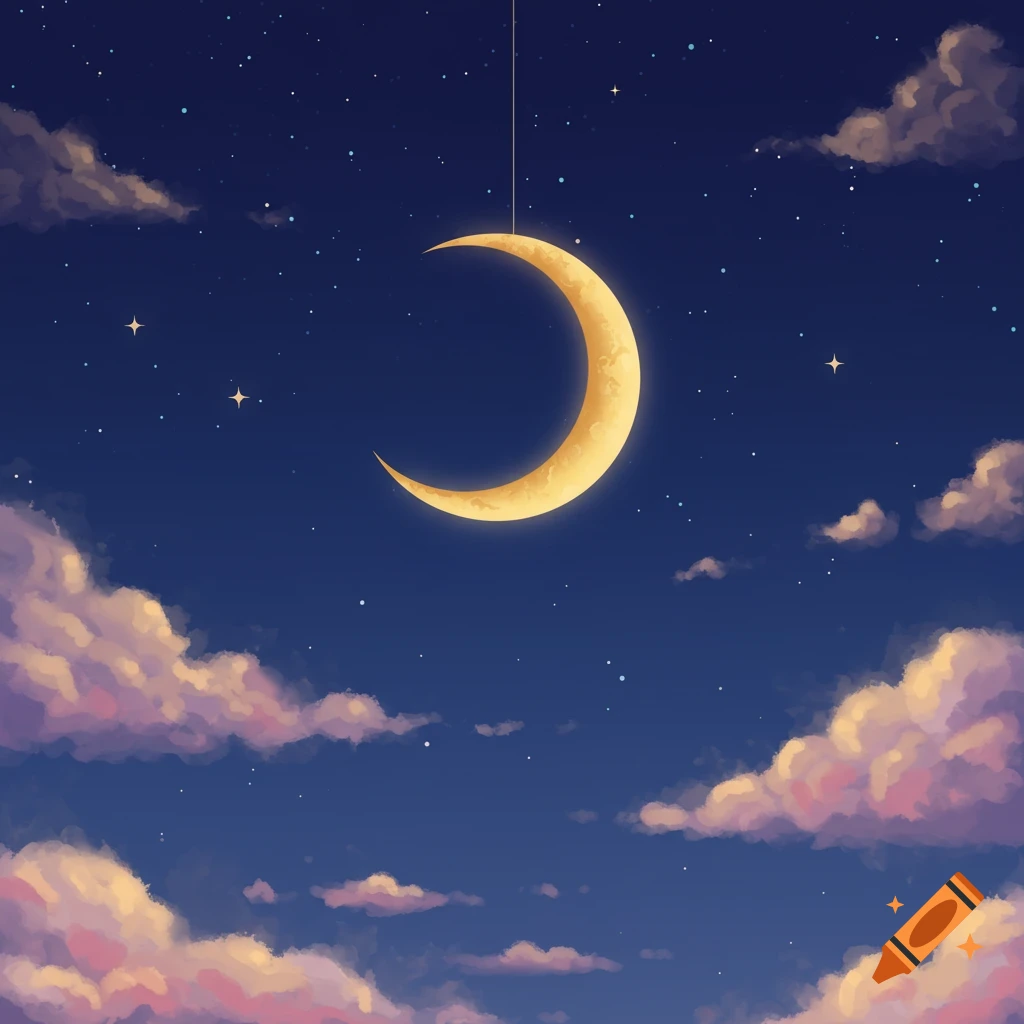 Stylized night sky with a glowing crescent moon hanging by a string, surrounded by scattered stars and soft pink and white clouds.