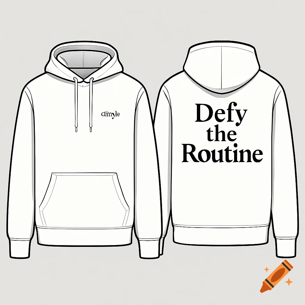 Two white hoodie mockups in a flat vector style. Front features 'dímyle' text, while the back displays 'Defy the Routine'.