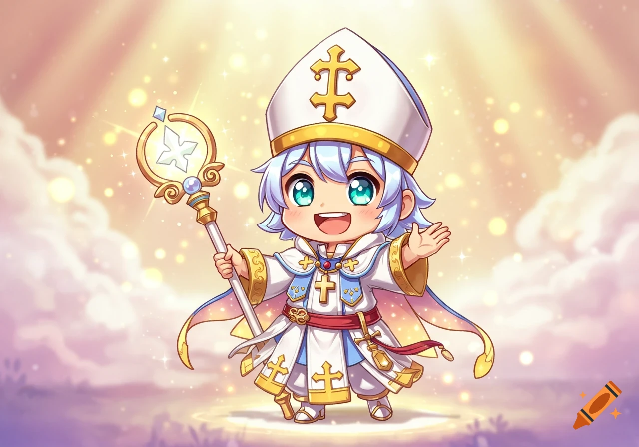 A cute chibi anime bishop character smiles and waves, holding a glowing staff, on a bright, sparkling cloud background.