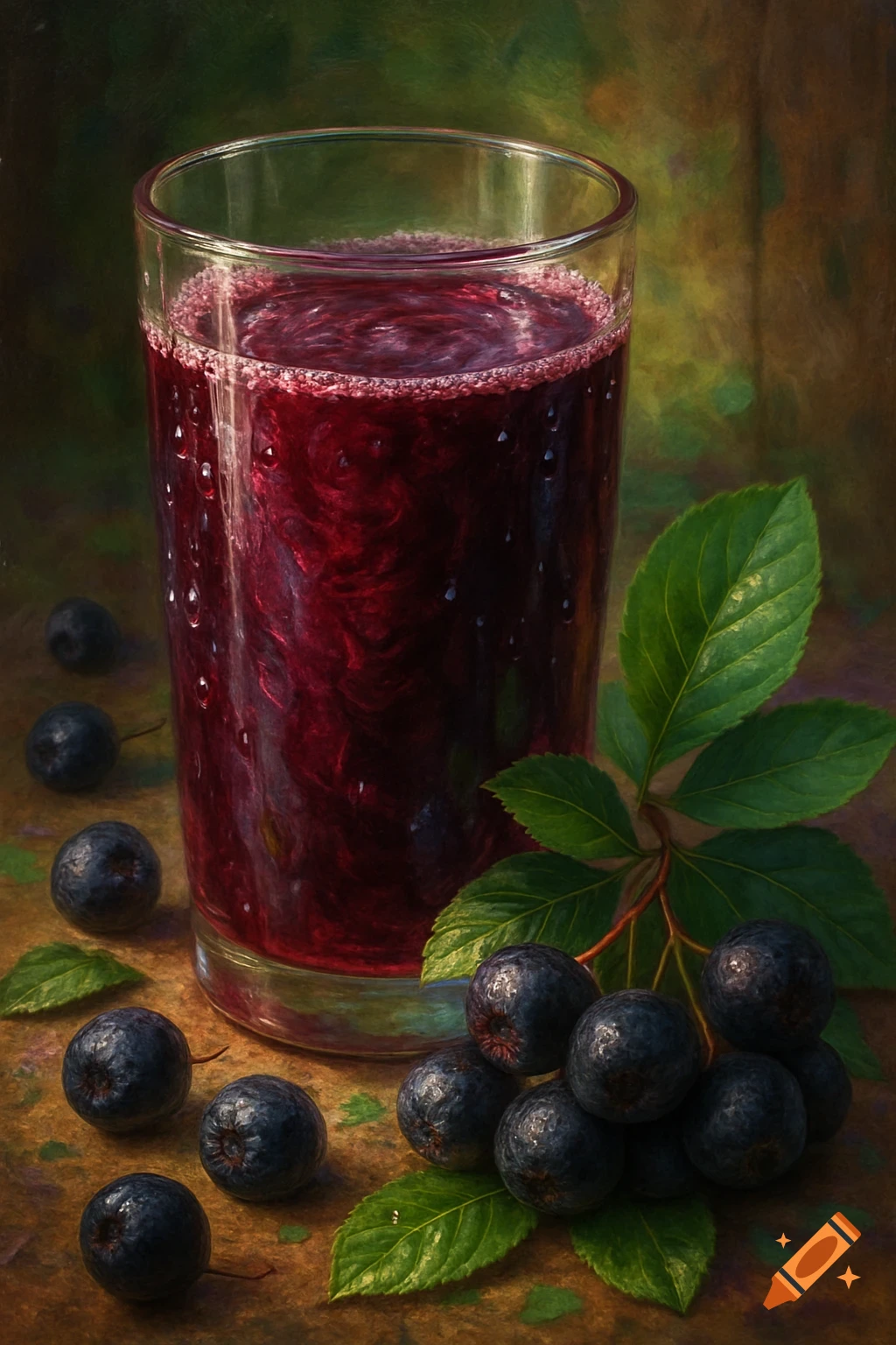 Realistic digital painting of a tall glass of dark red aronia juice, surrounded by fresh aronia berries and green leaves.