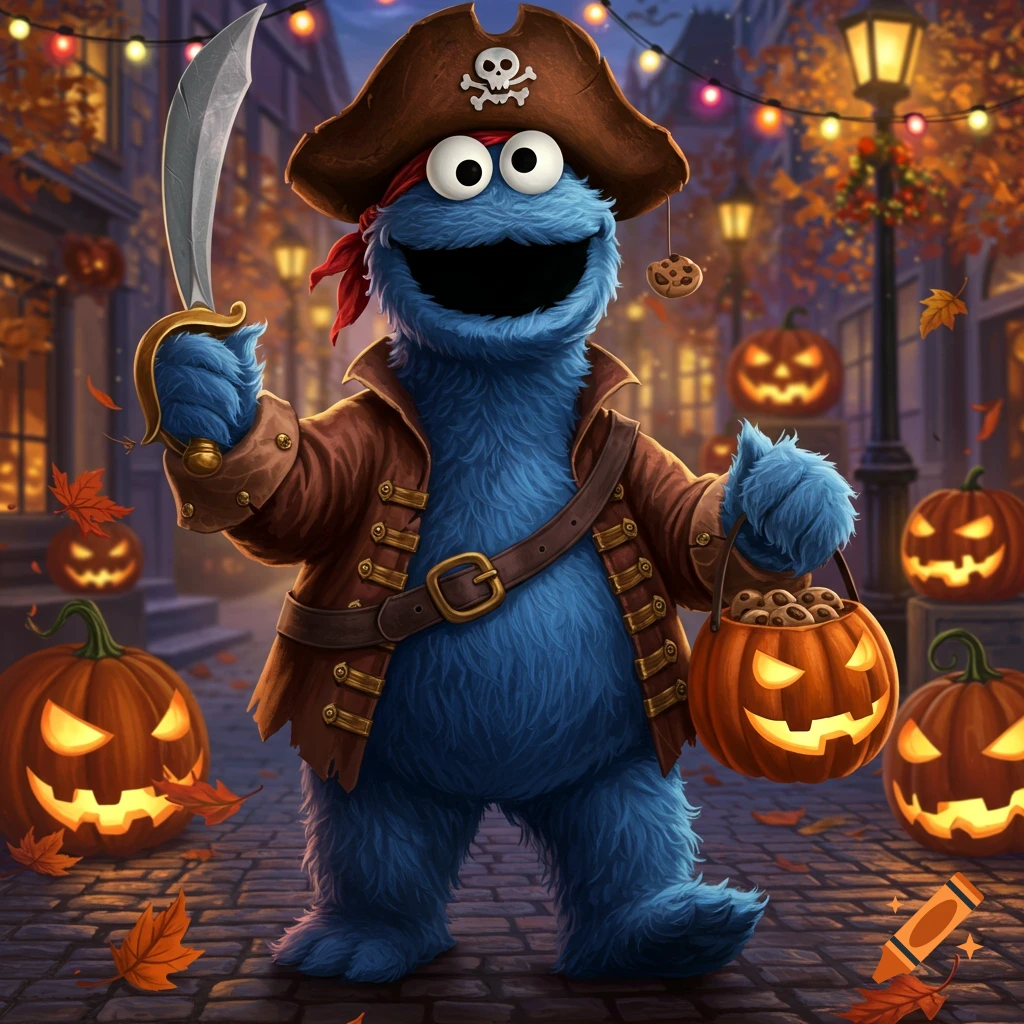Cookie Monster dressed as a pirate, holding a sword and a cookie-filled pumpkin bucket on a Halloween street with jack-o'-lanterns.