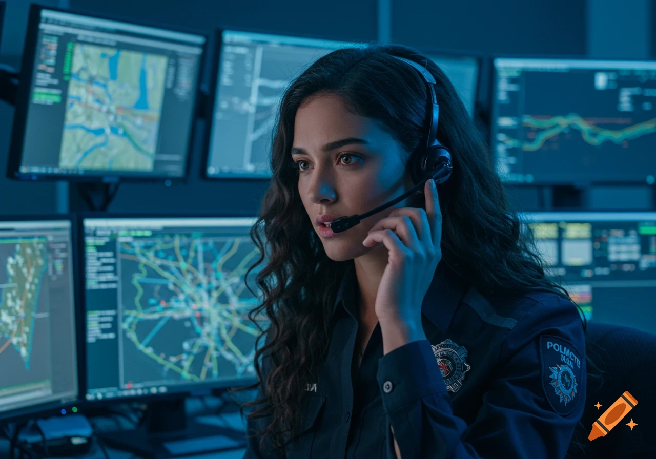 A young woman with dark wavy hair wears a headset, looking focused while working at a dispatch center with multiple computer monitors.