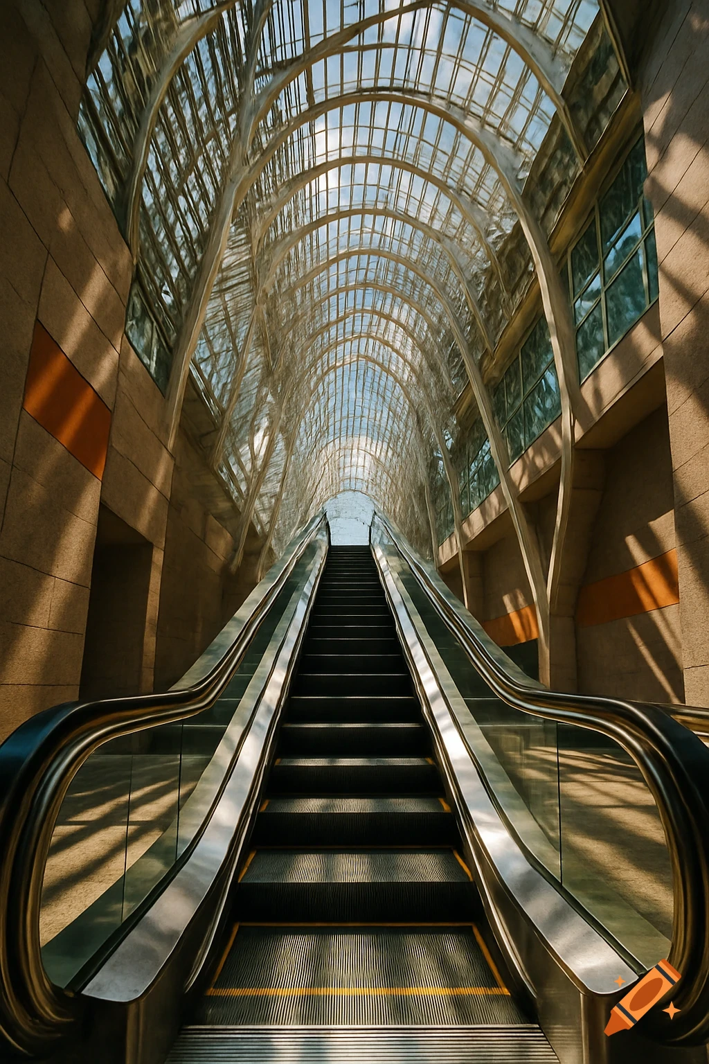 A long escalator ascends in a modern building with a high, arched glass roof, letting in bright light.