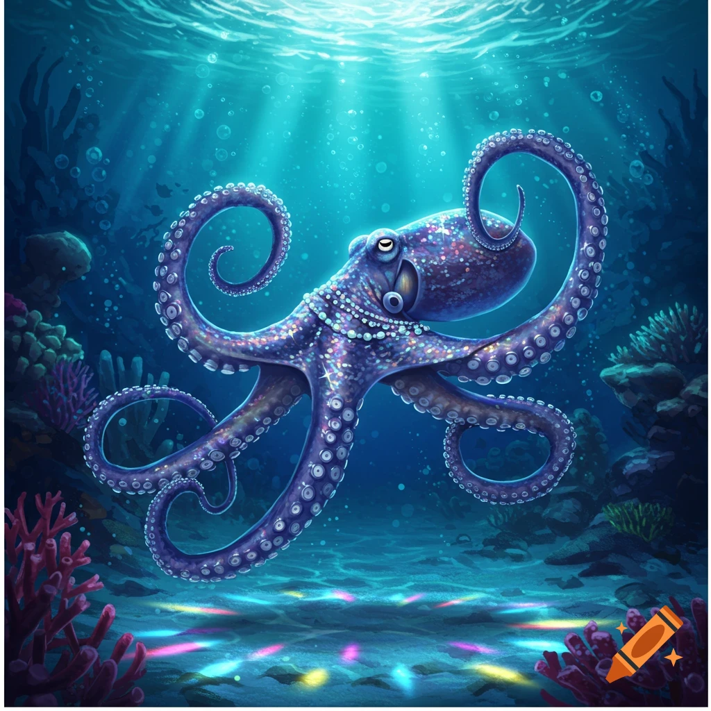 A sparkling purple octopus swims in a vibrant blue underwater scene with light rays and colorful seafloor lights.