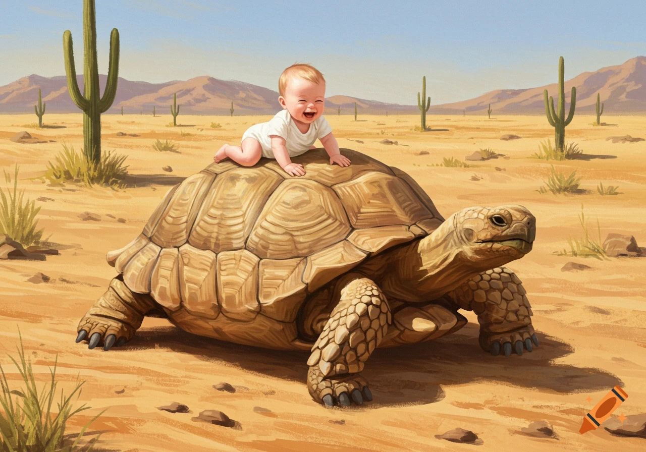 A smiling baby rides on the back of a large desert tortoise in an illustrated desert landscape with cacti.