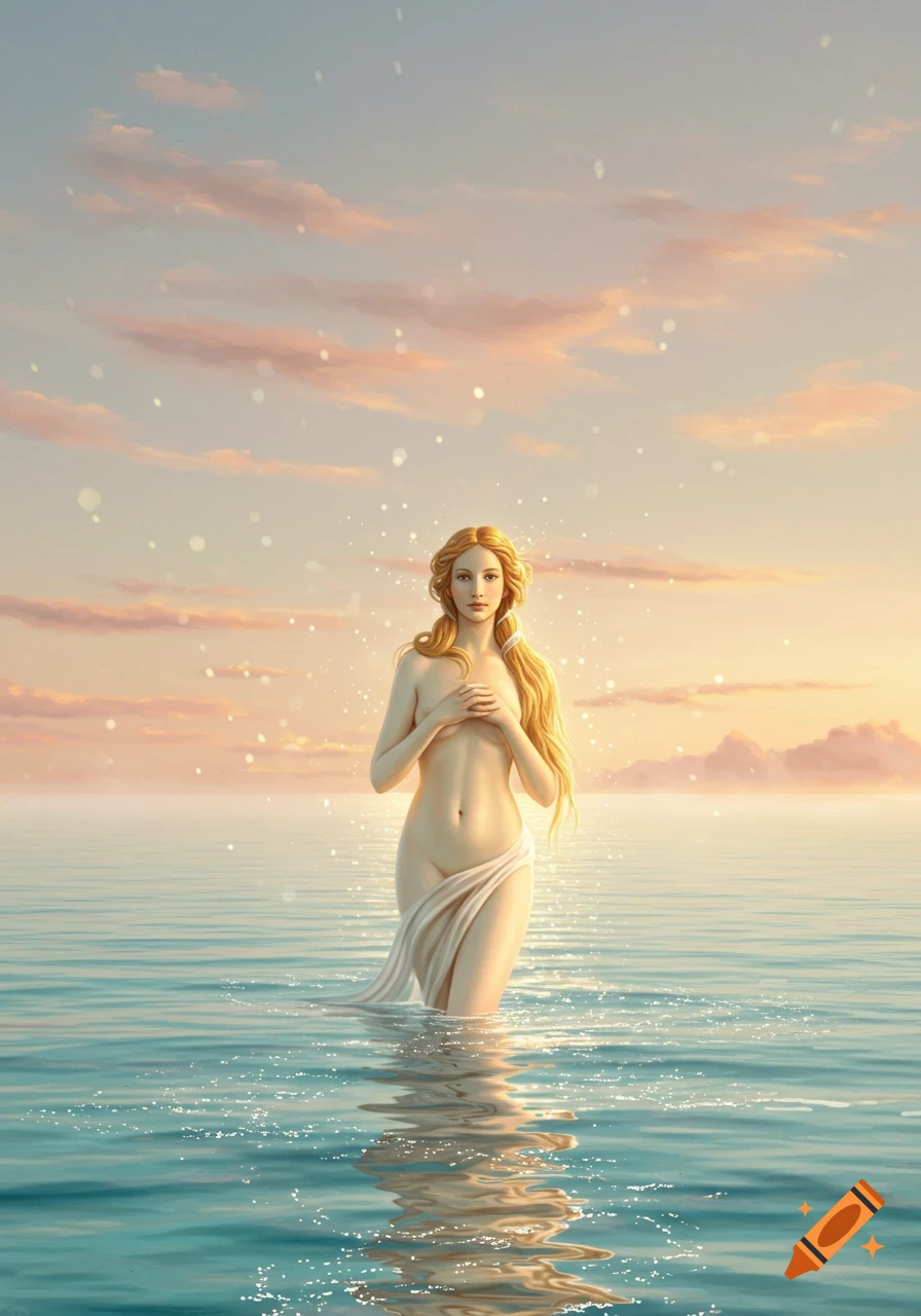A nude woman with long blonde hair stands in tranquil water at sunset, covering her chest with her hands, a white cloth draped around her hips.