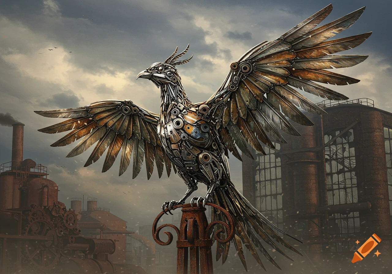 A majestic steampunk phoenix made of rusty scrap metal and gears, with outstretched wings, stands in a weathered industrial landscape.
