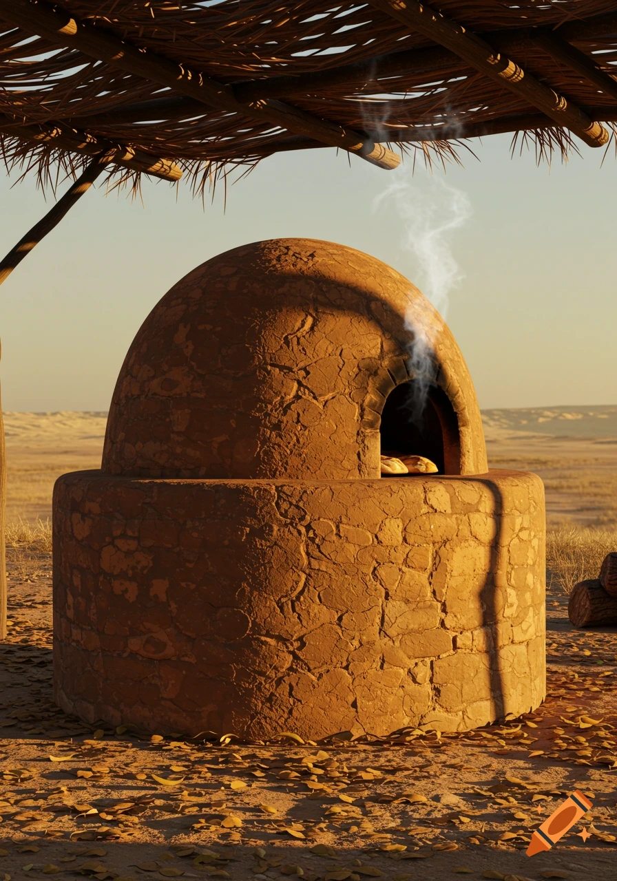 Photorealistic traditional mud oven with smoke, baking bread under a straw canopy in a desert landscape.