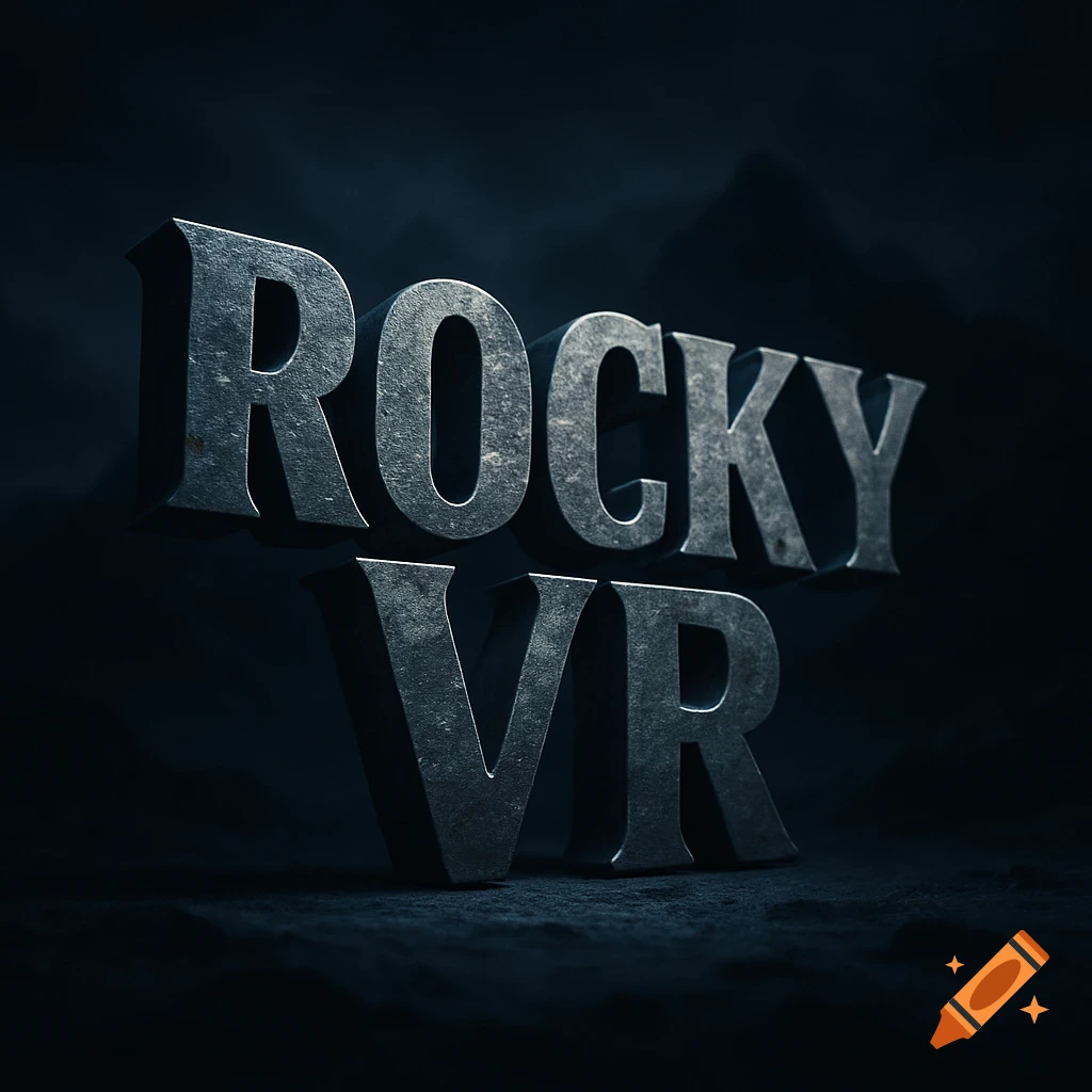 3D metallic text "ROCKY VR" on a dark, textured background.