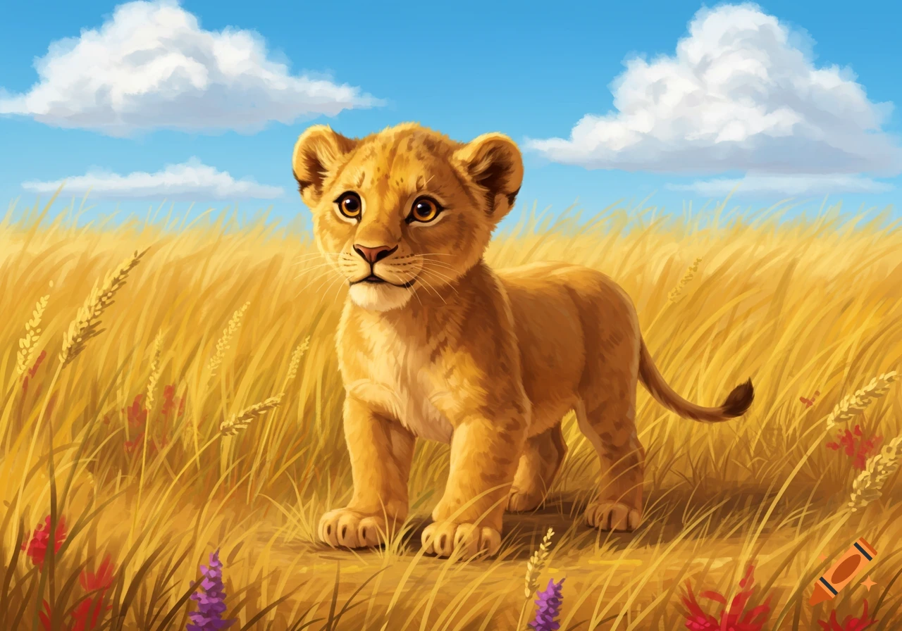 A vibrant illustration of a cute lion cub standing in a golden grassy field under a blue sky with white clouds.