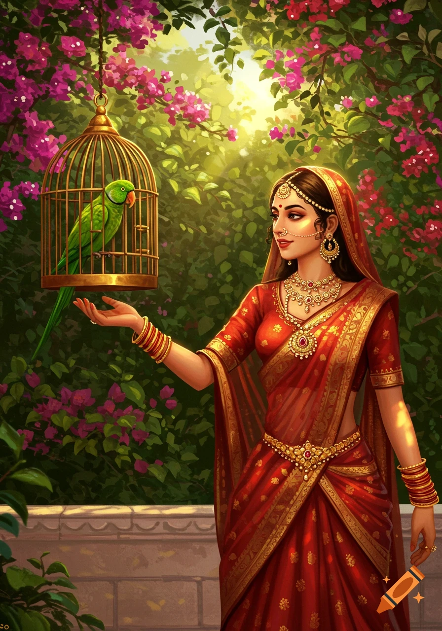 Rajasthani painting of a woman in a red sari and jewelry holding a parrot in a cage in a lush garden with pink flowers.