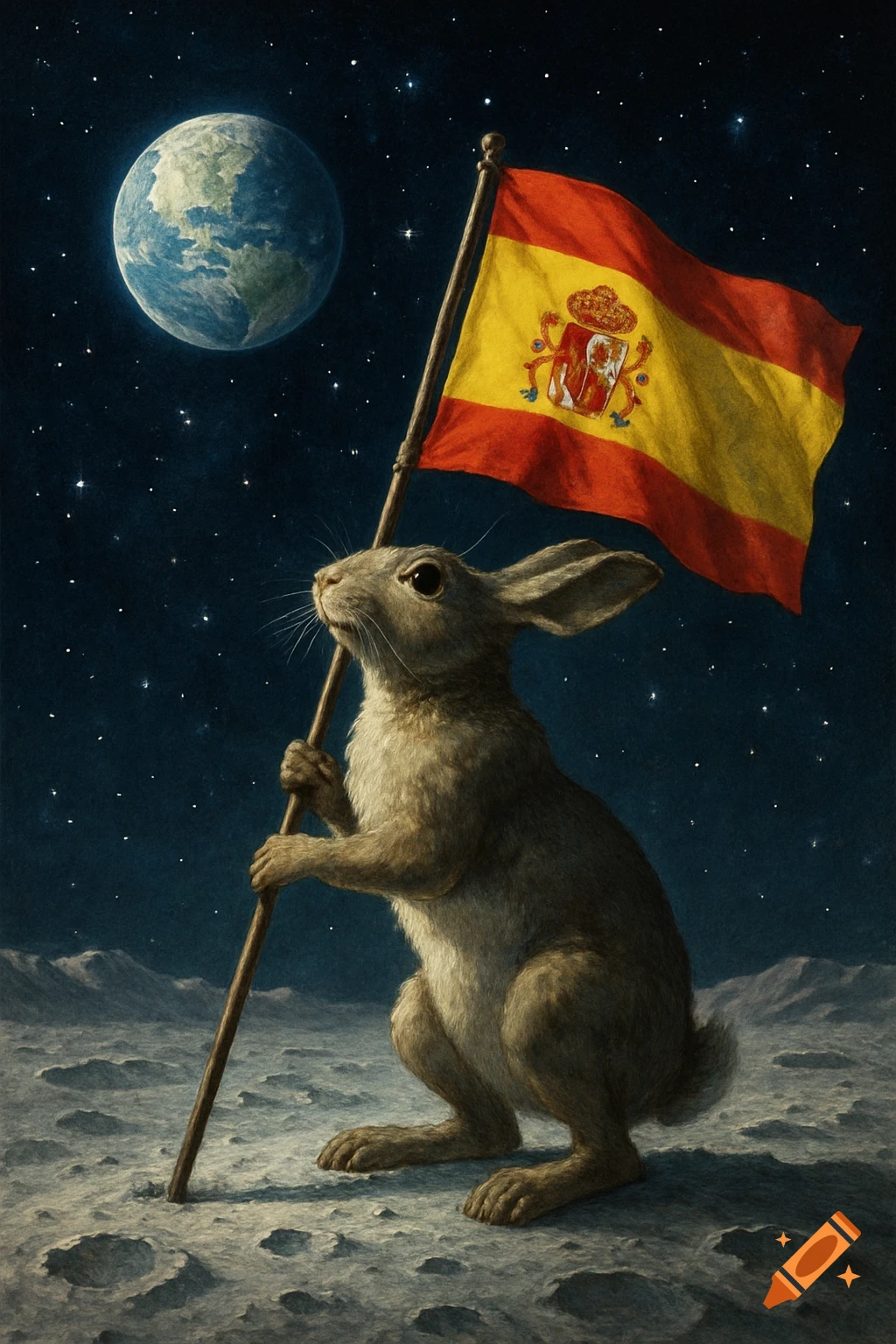 A rabbit stands on the moon's cratered surface, holding a pole with a Spanish flag waving against a dark, star-filled sky with Earth in the distance. The image has a painterly style.