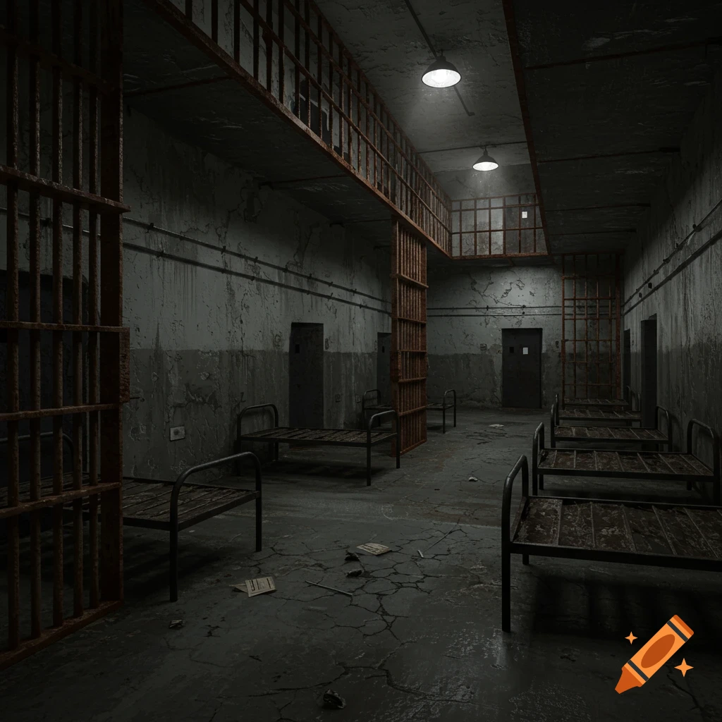 A dark, grungy prison corridor with rusted cell bars, dirty concrete walls, and rows of empty beds, lit by dim fluorescent lights.