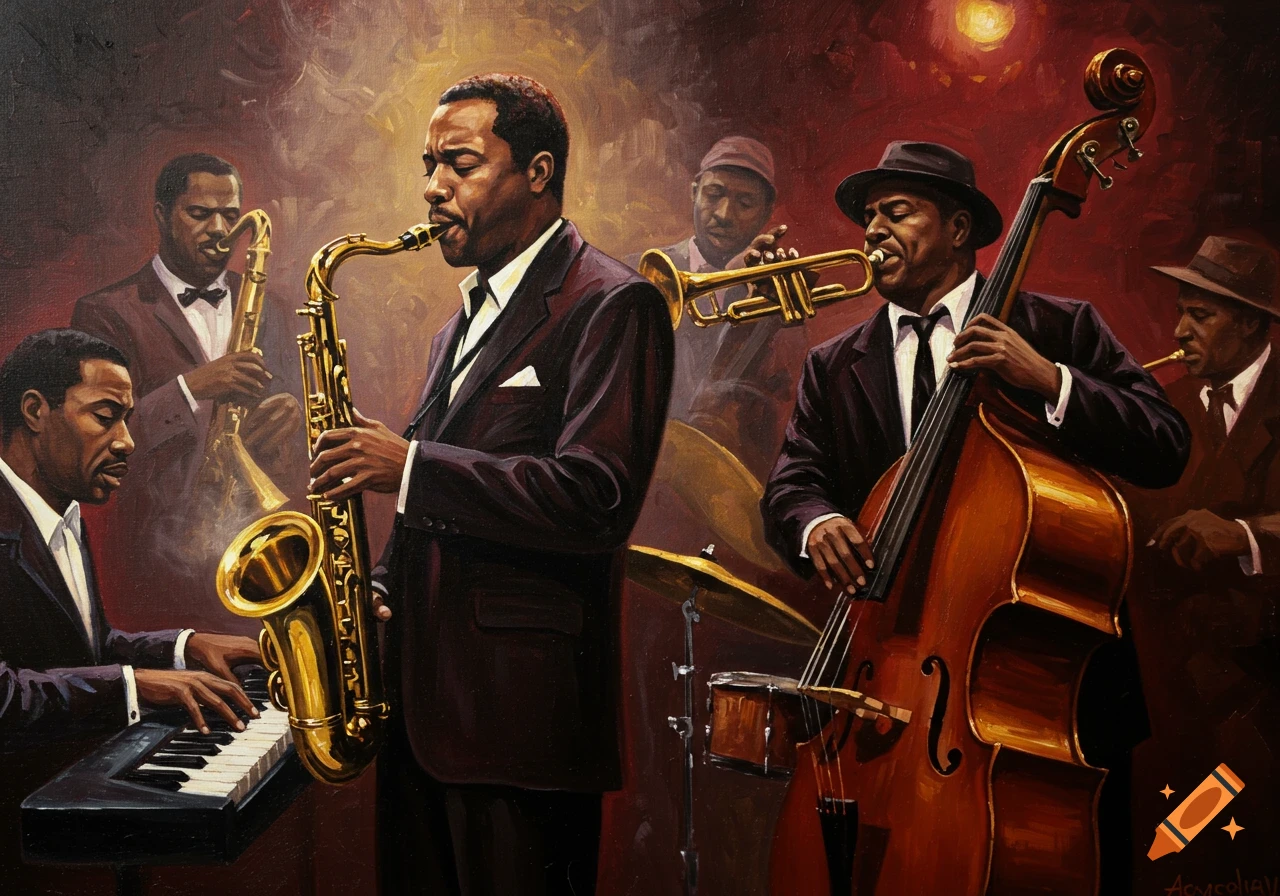 Oil painting of Black jazz musicians playing saxophone, piano, trumpet, and upright bass in a dimly lit, smoky venue.