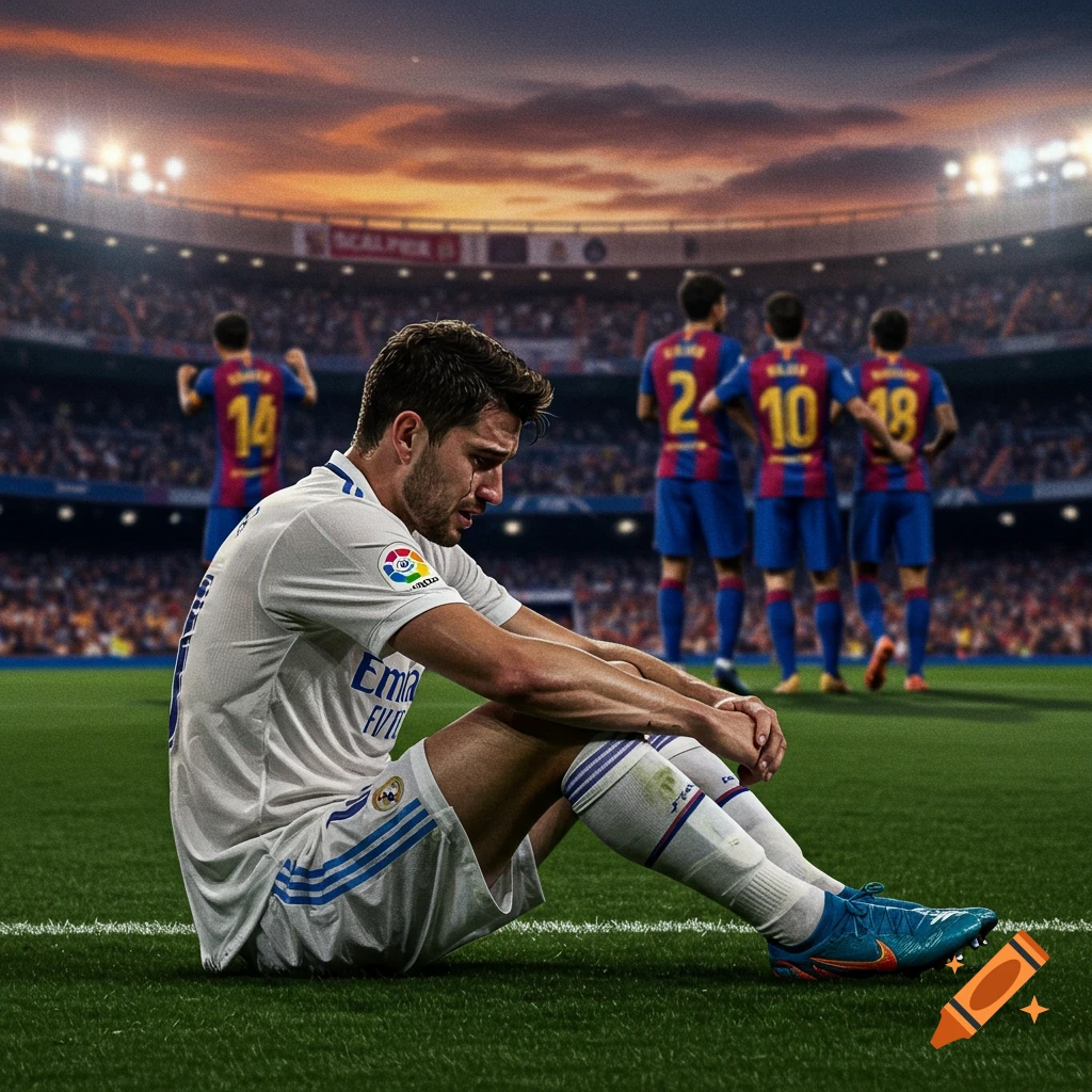 A Real Madrid footballer sits dejected on the grass of a stadium at sunset, with blurry Barcelona players in the background.