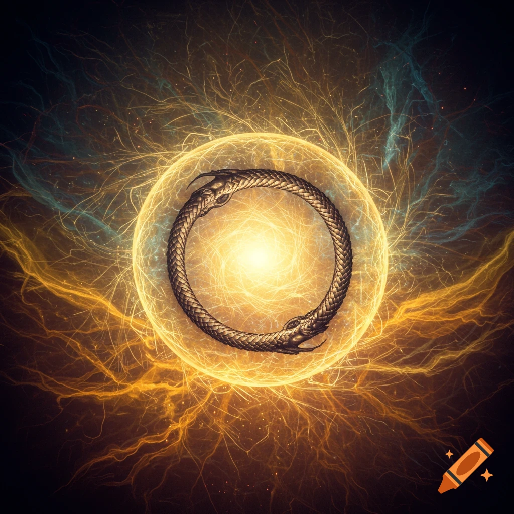 Bronze ouroboros forms a circle within a bright golden energy sphere, surrounded by swirling golden and blue abstract energy.