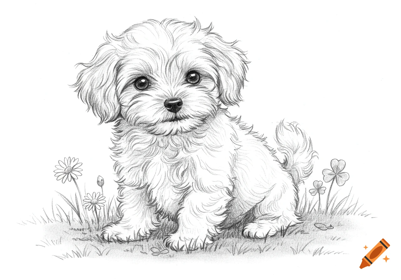 Pencil sketch of a fluffy white Maltipoo puppy sitting in grass with daisies and clovers.
