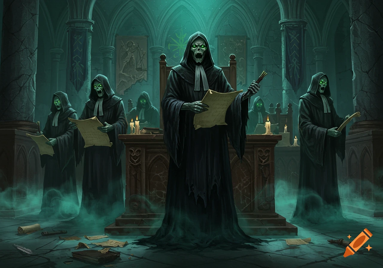 Skeletal, hooded figures with glowing green eyes stand in a dark, gothic chamber, reading scrolls.