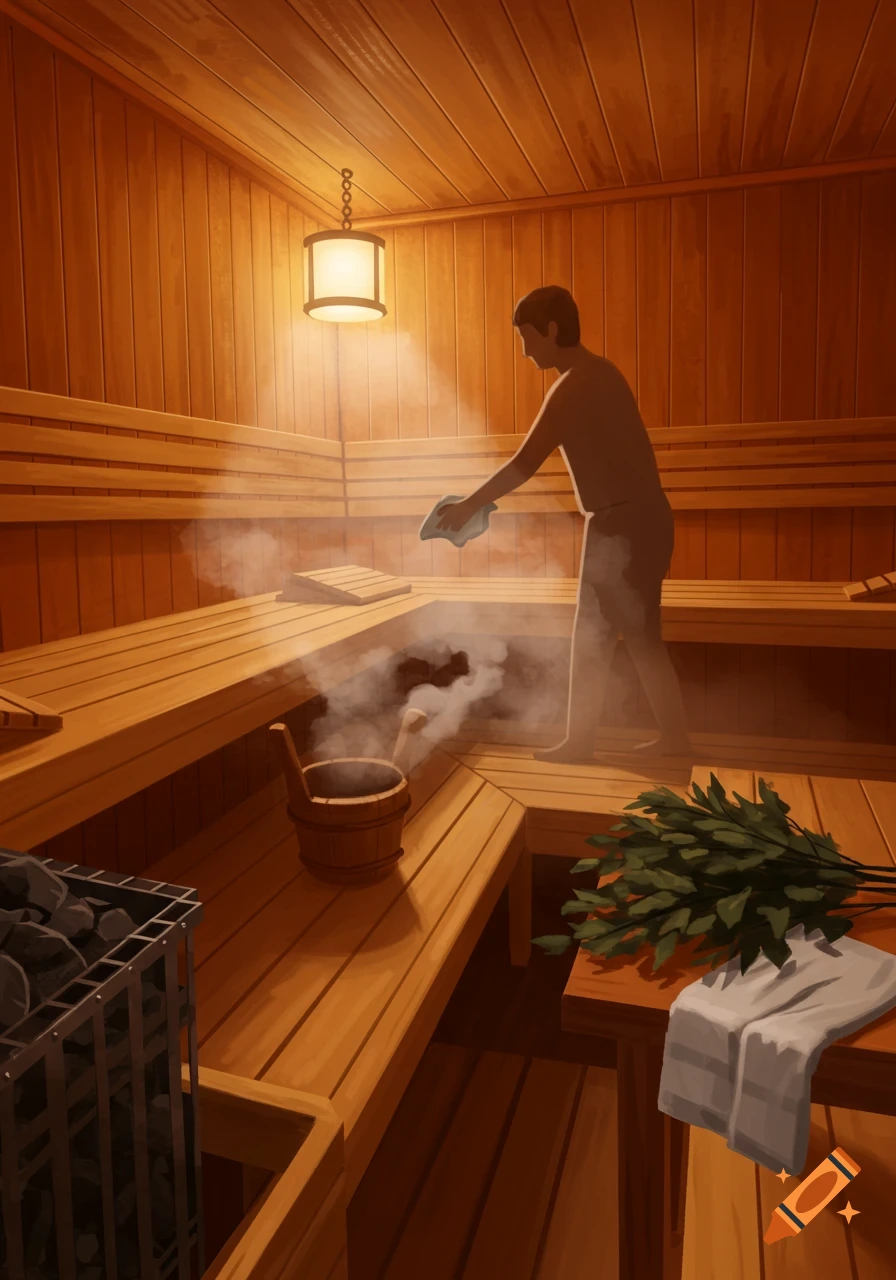 A man in a wooden sauna pours water onto hot rocks, creating steam. A bucket, a leafy whisk, and towels are also visible.