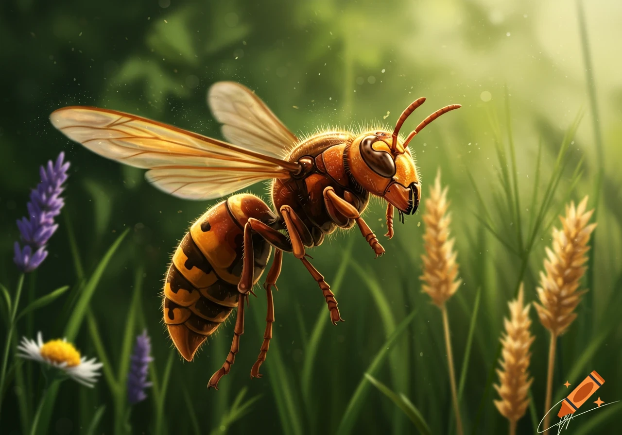 A detailed illustration of a hornet flying over green grass and purple wildflowers.