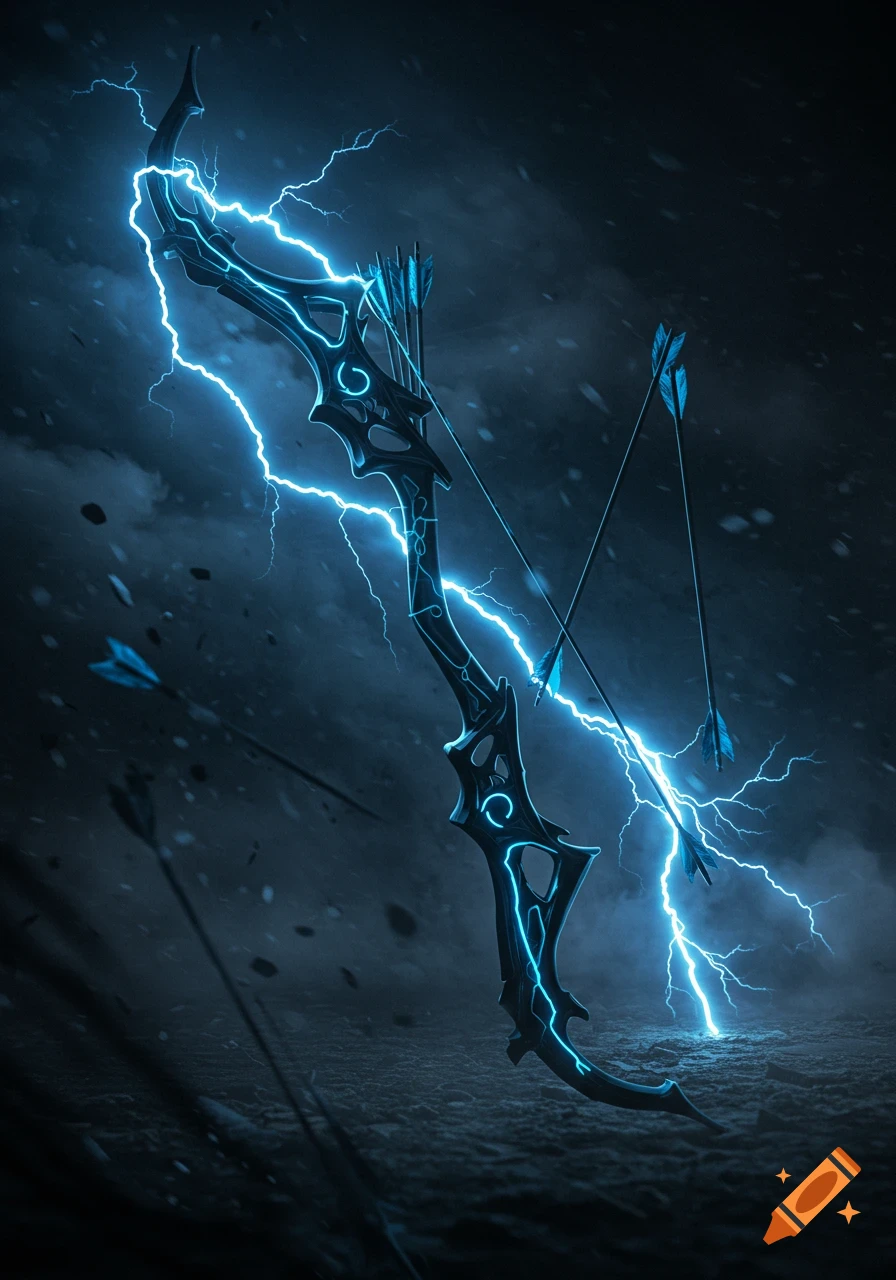 A black shortbow with glowing blue lightning accents and arrows, set against a dark, stormy background.