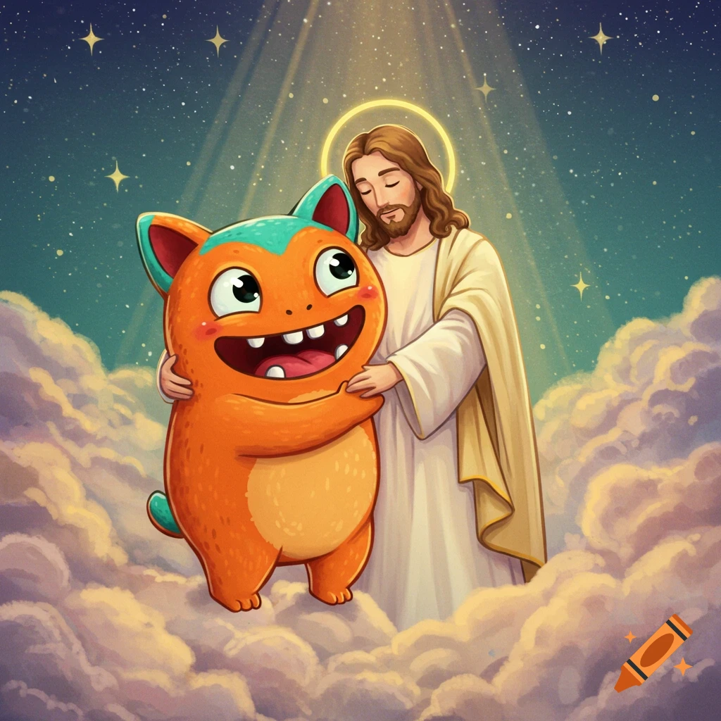 Illustrated cartoon of Jesus with a halo embracing a happy orange monster in clouds under a starry sky.