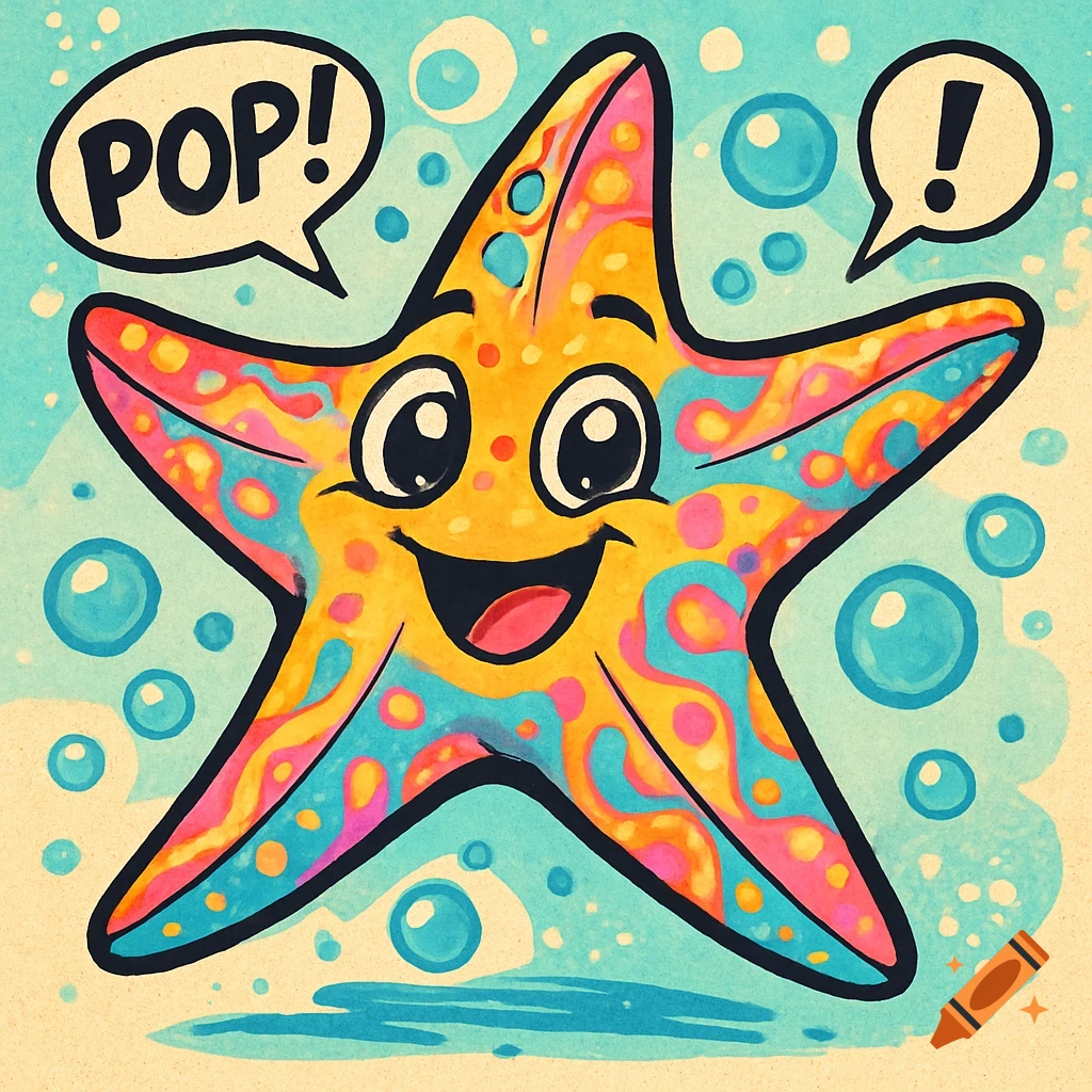A cheerful, colorful cartoon starfish with a wide smile and speech bubbles reading 'POP!' and '!' surrounded by bubbles in a pop art style.