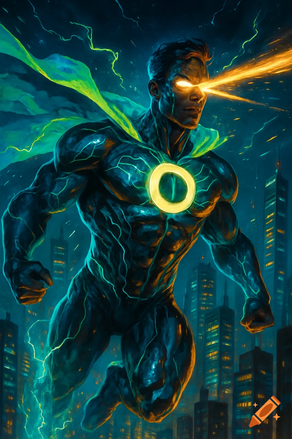 A muscular superhero with glowing eyes and an 'O' logo on his chest flies over a city at night, surrounded by energy, in a comic art style.